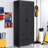 YITAHOME 71" Metal Garage Broom Cabinets with Adjustable Shelves, Vacuum Storage Cabinet with Doors and Drawer, Tool Storage Cabinet for Gym, Basement, Warehouse, Living Room, Black YITAHOME
