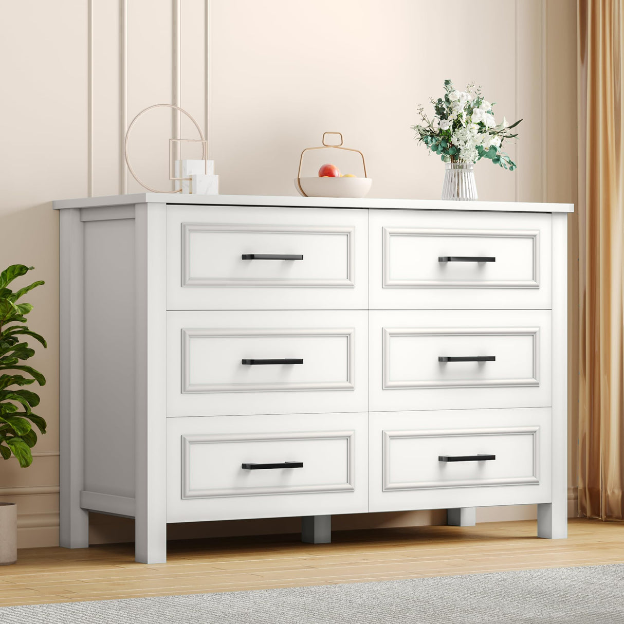 DWVO Farmhouse Wooden Dresser TV Stand with Power Outlet, 6-Drawer Dresser with Large Storage Drawers and Bar Handles, Ideal for Bedroom, Living Room, Hallway, 47.2" x 15.7" x 33.4" - White DWVO