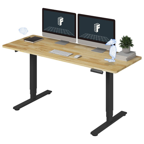 FLEXISPOT E6 Essential Solid Wood 3 Stages Dual Motor 63x24 Inch Electric Height Adjustable Standing Desk Whole-Piece Board Rubber Wood Desk Sit Stand Up Desk (Black Frame + Solid Wood Desktop) FLEXISPOT