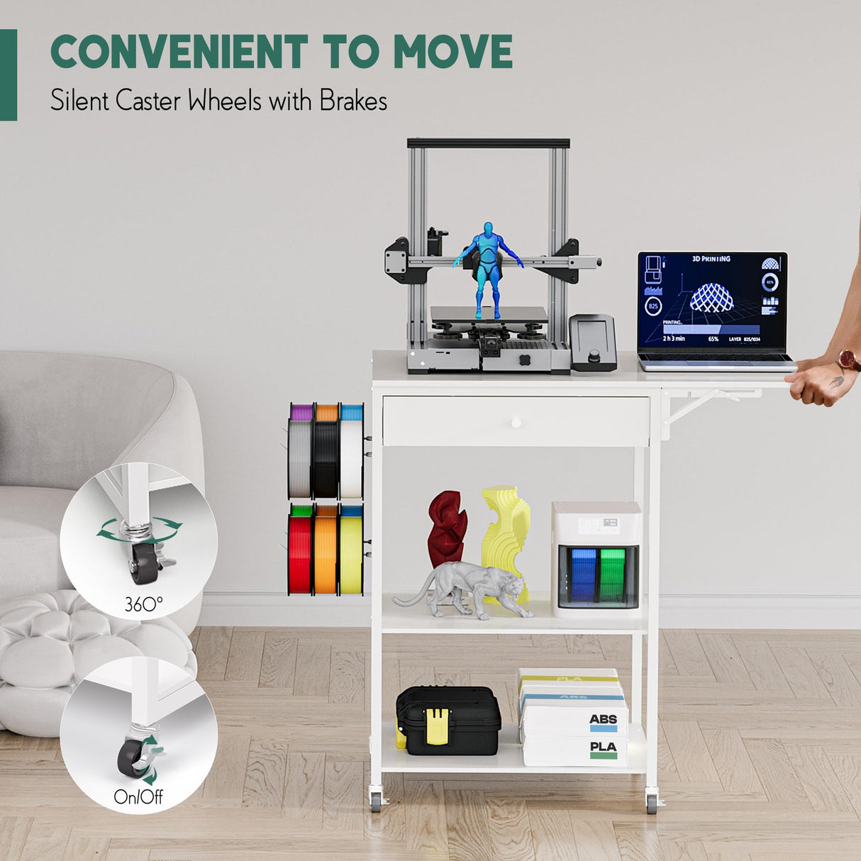 Yumkfoi 3D Printer Stand Table with Filament Storage, Foldable & Mobile 3D Printer Workstation Desk Cart with Filament Spool Holder, 3D Printer Accessories for 3D Printing Studio Home Office Workshop Yumkfoi