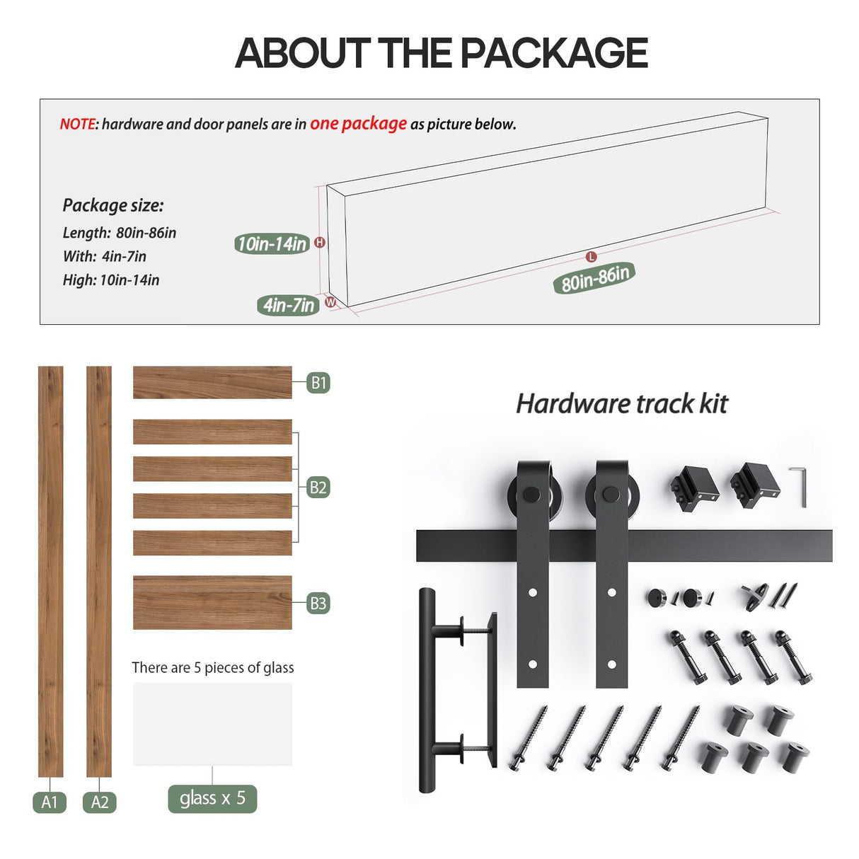 FREDBECK 48 x 84 inch Glass Barn Door with 8FT Barn Door Hardware Kit Included,5-Panel Frosted Glass,Wood Panel, Water-Proof Surface,Pre-Drilled Holes,Need Assembly,Fit 45in-47in Opening FREDBECK