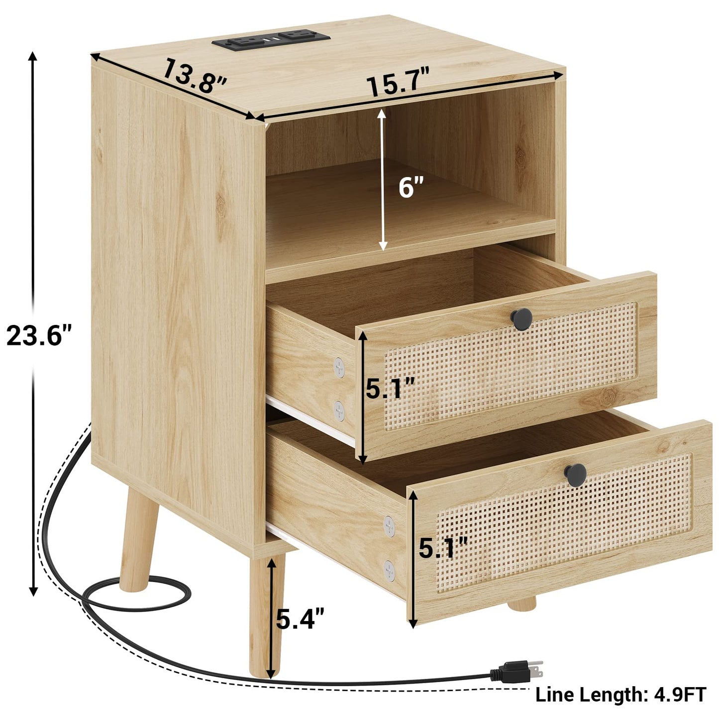 AOGLLATI Rattan Nightstands Set of 2, with Charging Station and LED Lights, Bed Side Tables with 2 Drawers and Open Storage, End Tables, Wood Night Stands for Bedroom, Natural