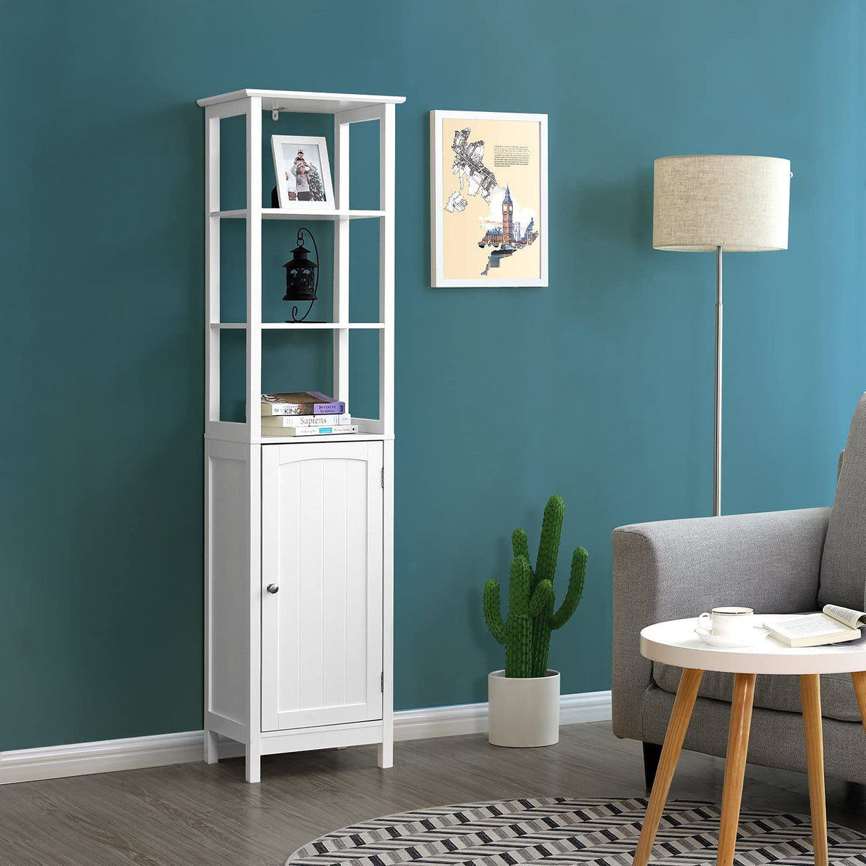 VASAGLE Storage Cabinet, Slim Linen Tower with Drawer and Door, for Living Room, Bathroom, Bedroom, 15.7 x 12.6 x 63 Inches, White UBBC63WT VASAGLE