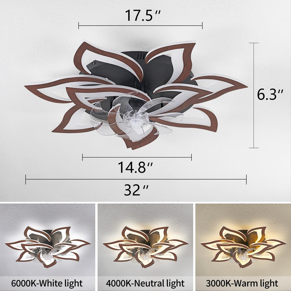 Dalouguan Modern Ceiling Fan with Lights Remote Control, 32" Wood Ceiling Fan with Light, 6 Speeds 3 Light Color Low Profile Flush Mount Ceiling Fan for Kitchen Bedroom Dalouguan