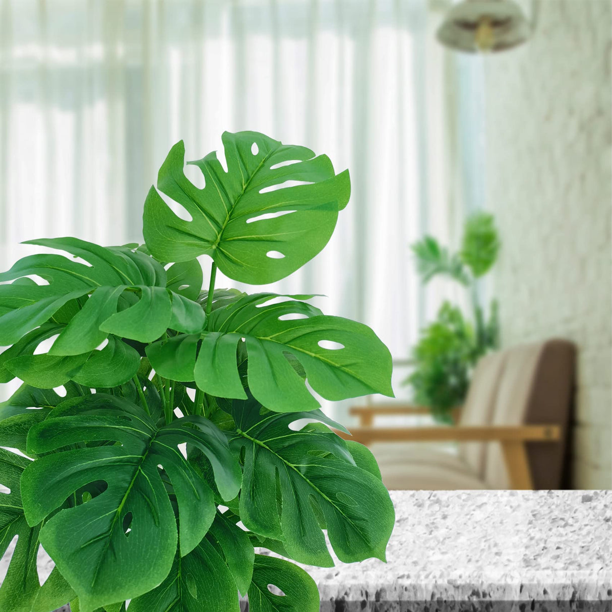 SAJANDAS Set of 2 Artificial Monstera Deliciosa Plants in Pots, Fake Tropical Palm Tree with Greenery Leaves Stems, 28 Inch Artificial Cheese Plant for Home Bathroom, Office, Windowsill Decor SAJANDAS