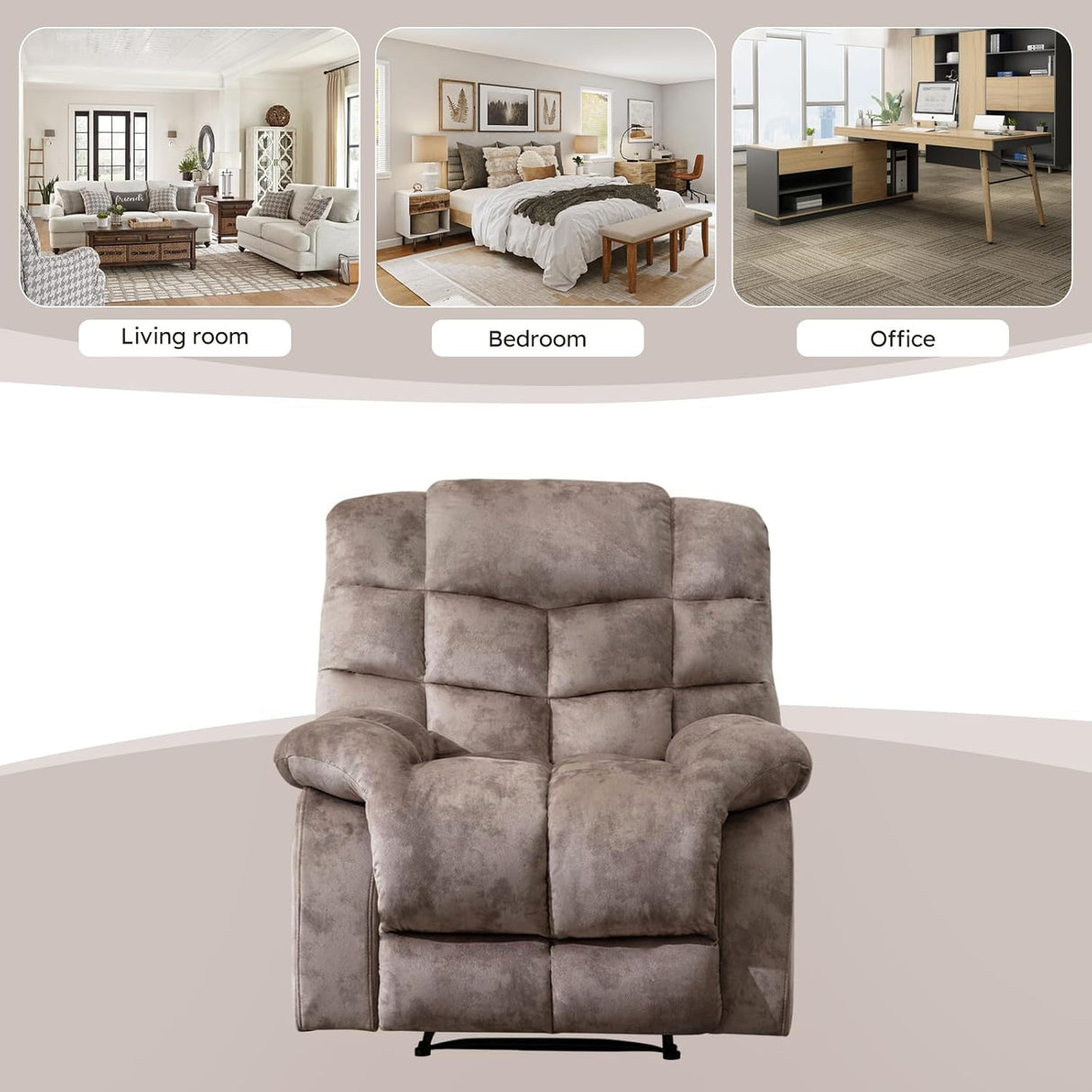 EBELLO Manual Recliner Chair, Overstuffed Reclining Sofa with Soft Padded Headrest and Armrest, Soft Fabric Single Couch for Living Room, Light Brown EBELLO