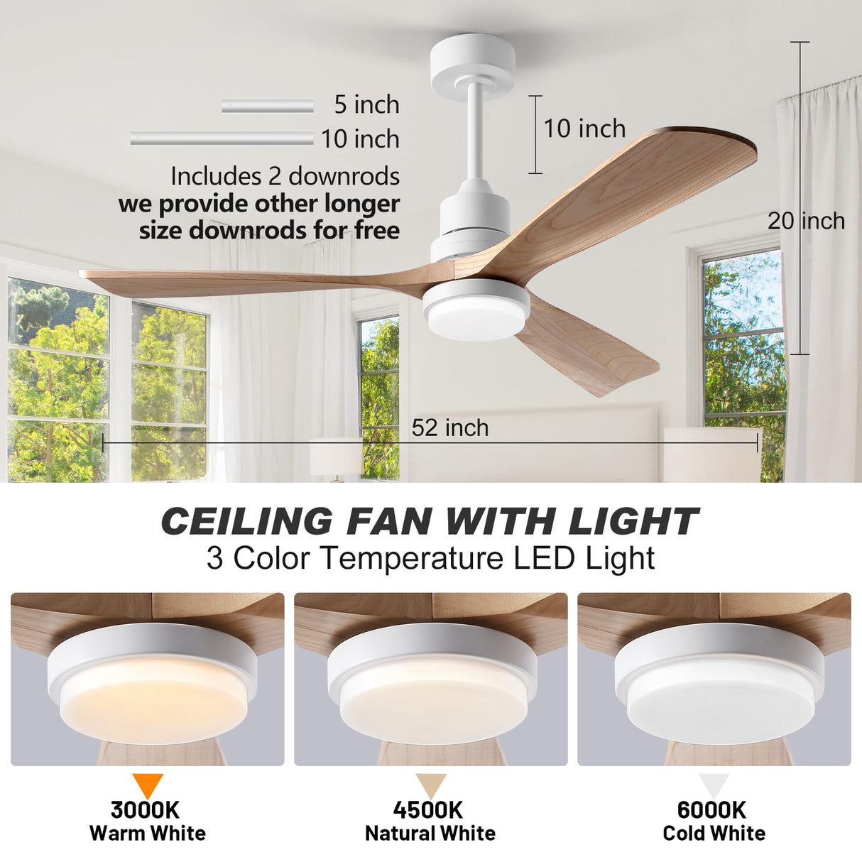 FXZZ 52 Inch Ceiling Fans with Lights and Remote, Quiet Reversible DC Motor and 3 Color LED Light, 3 Blades 6 Speed Wood Ceiling Fan for Farmhouse Living Room Bedroom Dining Room Workroom Study FXZZ