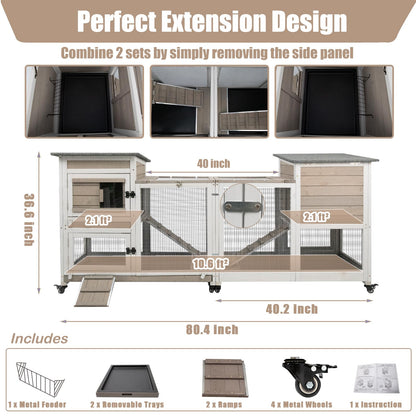 PetsCosset Rabbit Hutch Indoor 40" L Large 2 Story Outdoor Wooden Bunny Hutch with Run, 4 Metal Wheels & 2 Deeper Trays, UV-Proof Panel Rabbit Cage Guinea Pig Pet House for Small-Medium Animals