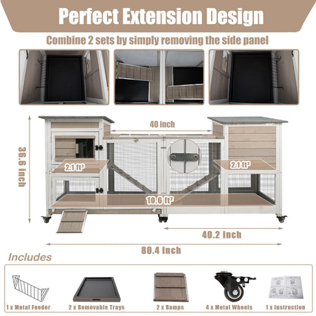 PetsCosset Rabbit Hutch Indoor 40" L Large 2 Story Outdoor Wooden Bunny Hutch with Run, 4 Metal Wheels & 2 Deeper Trays, UV-Proof Panel Rabbit Cage Guinea Pig Pet House for Small-Medium Animals PetsCosset