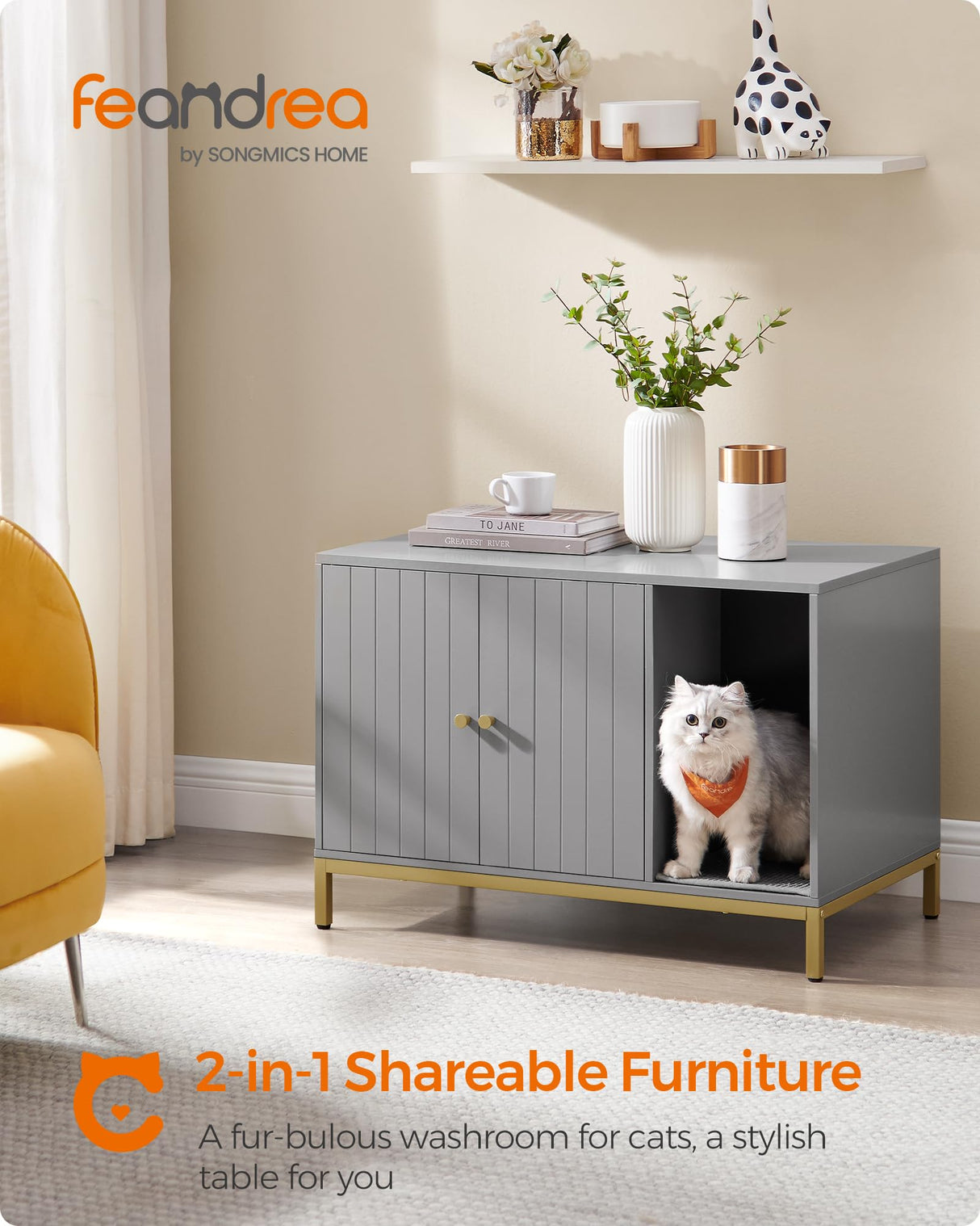 Feandrea Litter Box Enclosure, Modern Cat Litter Box Furniture Hidden, with Scratching Mat, Tall Legs, Cat House, Side End Table, 31.5 x 19.7 x 21.7 Inches, Dove Gray and Gold UPCL007H01 Feandrea