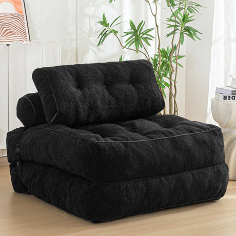 MAXYOYO Folding Sofa Bed, Convertible Sleeper Chair with Pillow Foldable Mattress with Back Support, Portable Fold Out Sofa Couch Fuzzy Fabric Comfy Floor Sofa Lounge for Living Room Apartment, Black MAXYOYO