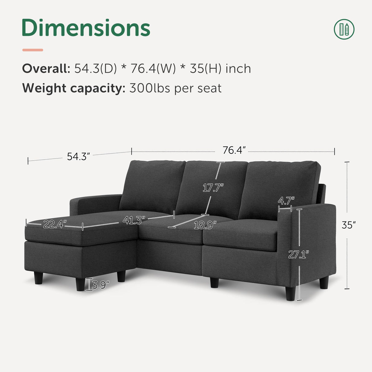 HONBAY Convertible Sectional Sofa, L Shaped Couch with Reversible Chaise for Small Space, Black HONBAY