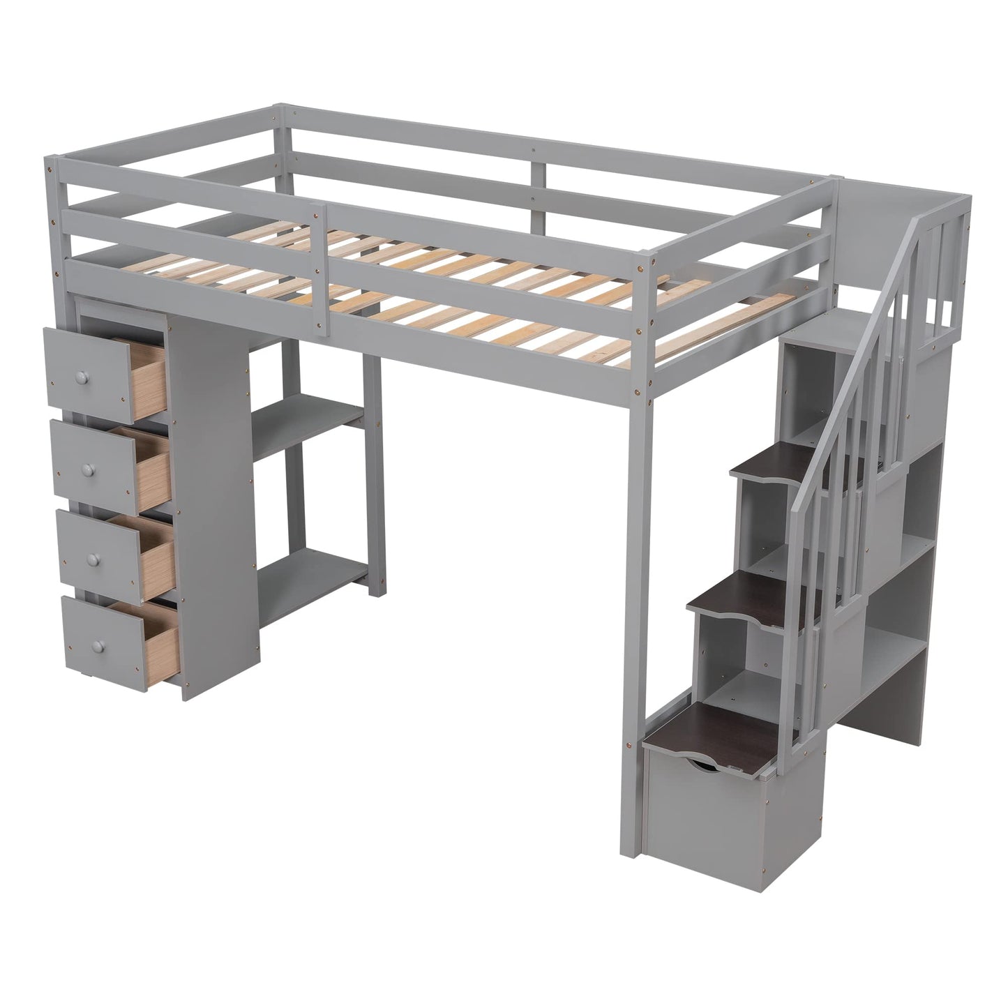 Bellemave Modern Twin Loft Bed with Stairs, Storage Drawers, and Shelves in Grey - WoodArtSupply