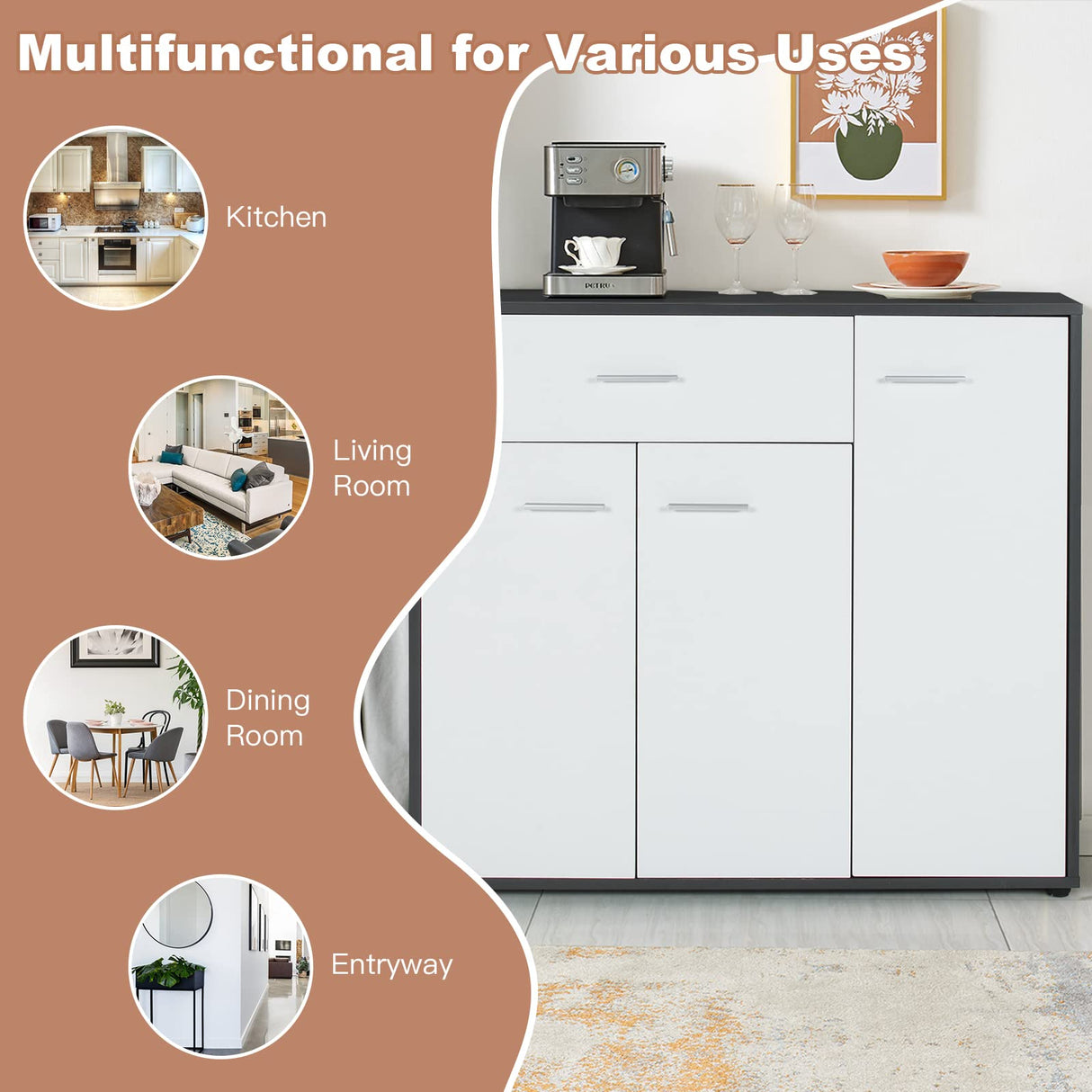 COSTWAY Buffet Sideboard Storage Cabinet, White Kitchen Sideboard with Spacious Table Top, 2 Door Cabinets, Large Drawer, Adjustable Shelf, Anti-Toppling Device, Console Cupboard for Home Living Room COSTWAY