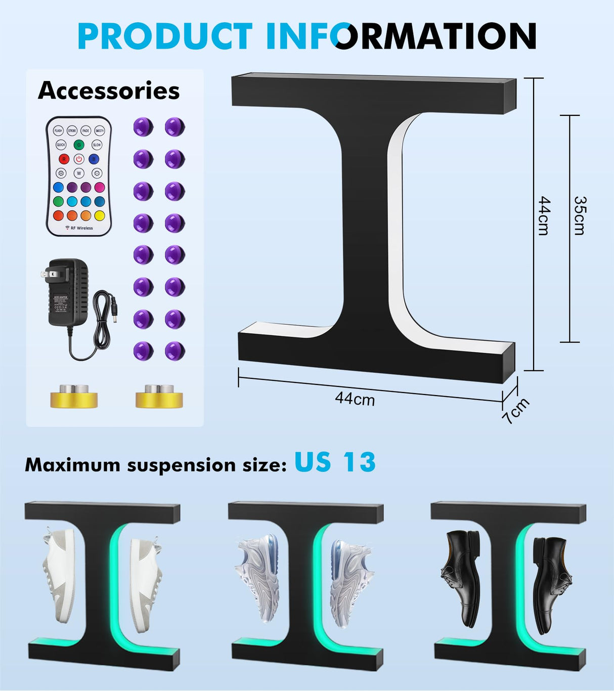 Meticuloso Levitating Shoe Display Stand, Hanging Shoe Rack LED Floating Shoe Display, for Shoe Weight <550g Magnetic Levitating Sneaker Stand for Shoes Collectors Advertising Exhibition Shoe Meticuloso