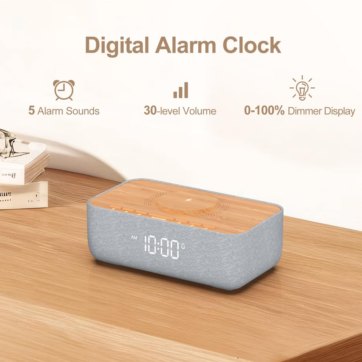 REACHER Sound Machine Alarm Clock with Magnetic Wireless Charging for iPhone, 15W Fast Wireless Charger Alarm Clocks White Noise Machine for Sleeping, Dimmable Display for Bedrooms-Wood Grain REACHER