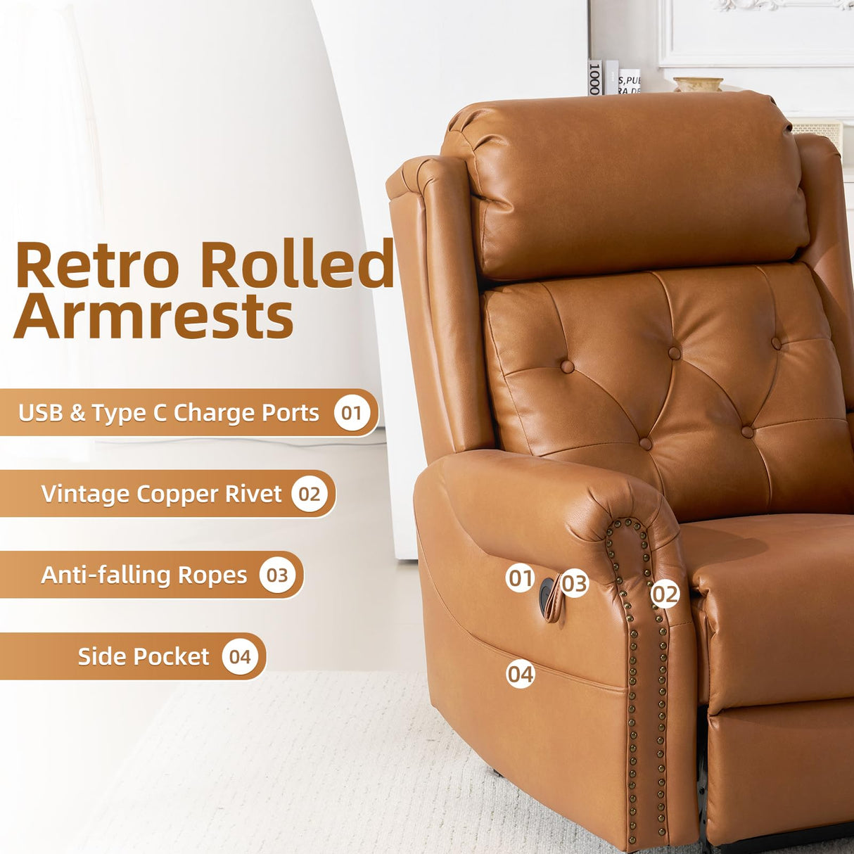 RUTOX Large Power Lift Recliner Chair for Elderly, Lay Flat Lift Chair with Adjustable Headrest, Leather Recliner Lift Chairs with Massage and Heat, Infinite Position,Extended Footrest, Camel RUTOX