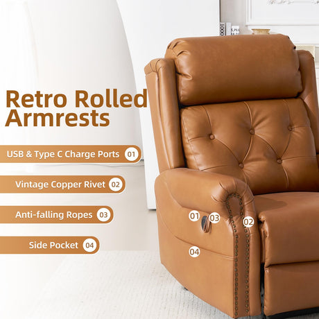 RUTOX Large Power Lift Recliner Chair for Elderly, Lay Flat Lift Chair with Adjustable Headrest, Leather Recliner Lift Chairs with Massage and Heat, Infinite Position,Extended Footrest, Camel RUTOX