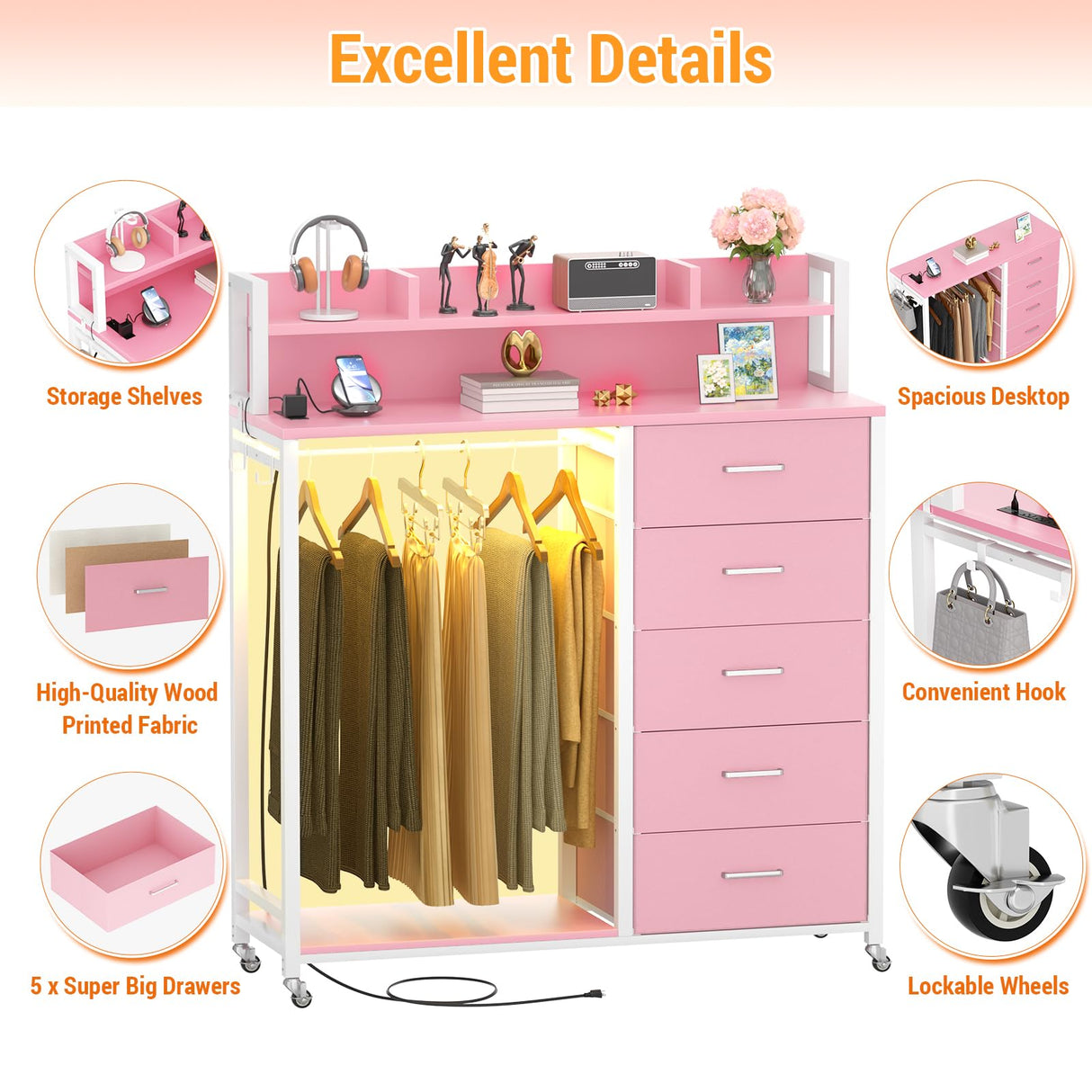 Cyclysio Dresser for Bedroom with Clothes Rack & Shelves, Pink 5 Drawers Dresser with Charging Station & LED Lights, Chest of Drawers with Lockable Wheels, Storage Shelves, Bedroom, Closet,Entryway Cyclysio