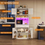 Korfile 71" Tall Food Pantry Cabinet with Power Outlet LED Light, Kitchen Storage Cabinet with 4 Doors, Hutch with Microwave Stand, Cupboard with Drawers for Kitchen, Dining Room, White Korfile
