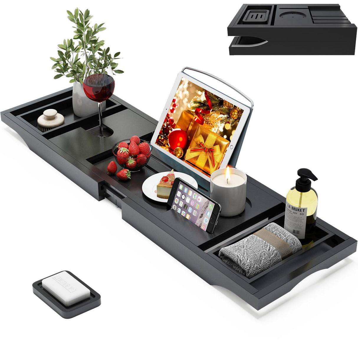 Bamboo Bathtub Caddy Tray Expandable for Luxury Bath, Bath Accessories & Table with Wine Glass Holder, Book Stand Bathroom Organizer with Extending Sides for Men/Women,Black BAMBUROBA