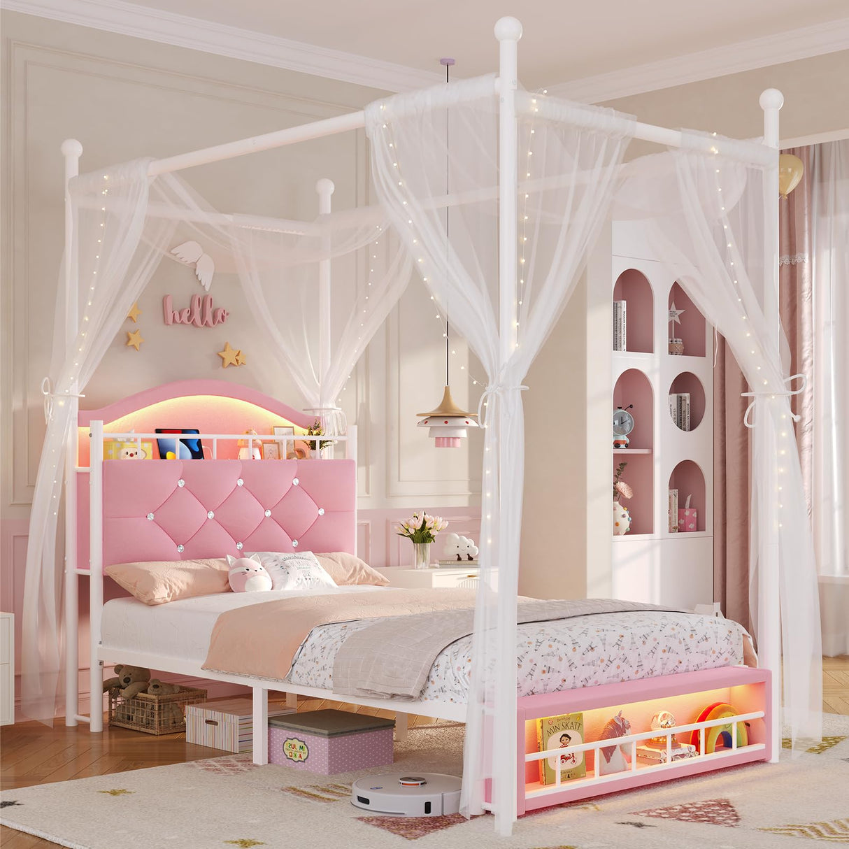 ADORNEVE Twin Canopy Bed Frame with LED Lights and Charging Station, Velvet Upholstered Platform Bed for Girls,Headboard with Charging Station & Guardrail & Crystal Button,Pink ADORNEVE