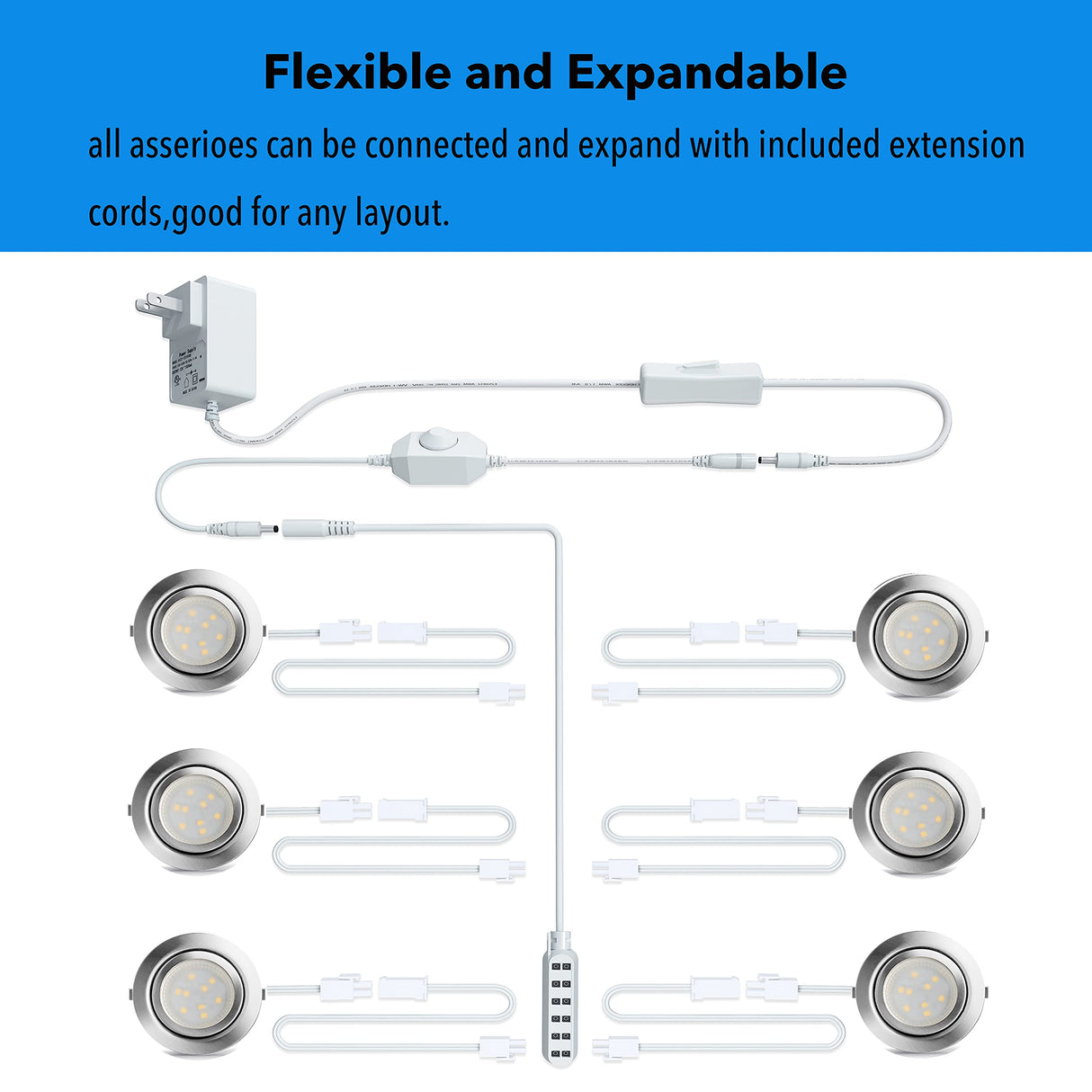 Under Cabinet Lighting Dimmable LED Puck Lights,Recessed Mount,12V Low Volt,60mm Cutout Haolgen Bulb Replace,Small Puck Light Plug in for Curio,Book Case,Display Shelf,6000k Cold White,6pcs LAMPAOUS