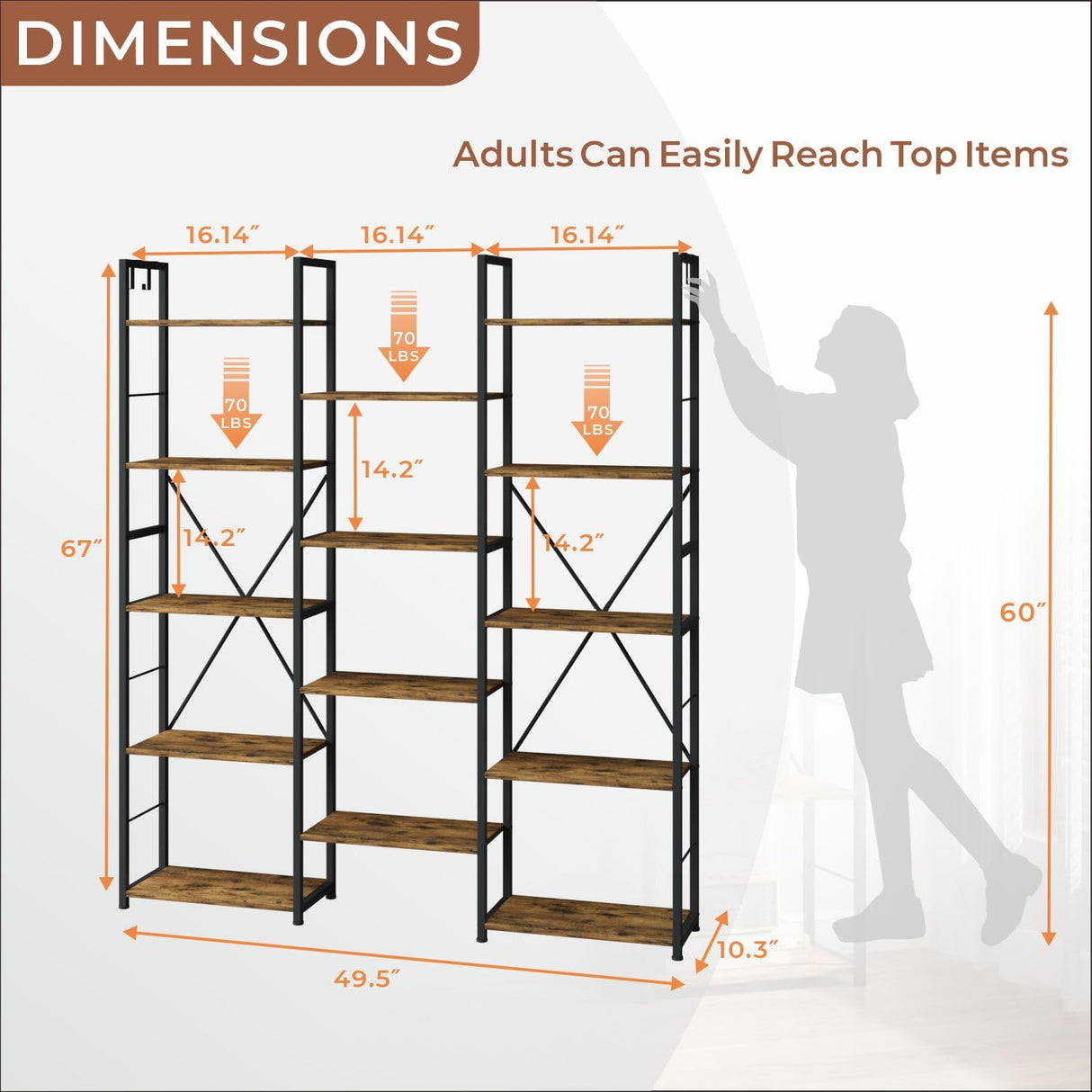 DSNAPE Triple Wide 5 Tier Bookshelf, 67" H Tall Industrial Bookcase with 14 Open Book Shelves, 4 Bonus Hooks and Adjustable Feet, Large Display Storage for Living Room, Office, Rustic Brown DSNAPE