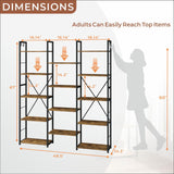 DSNAPE Triple Wide 5 Tier Bookshelf, 67" H Tall Industrial Bookcase with 14 Open Book Shelves, 4 Bonus Hooks and Adjustable Feet, Large Display Storage for Living Room, Office, Rustic Brown DSNAPE