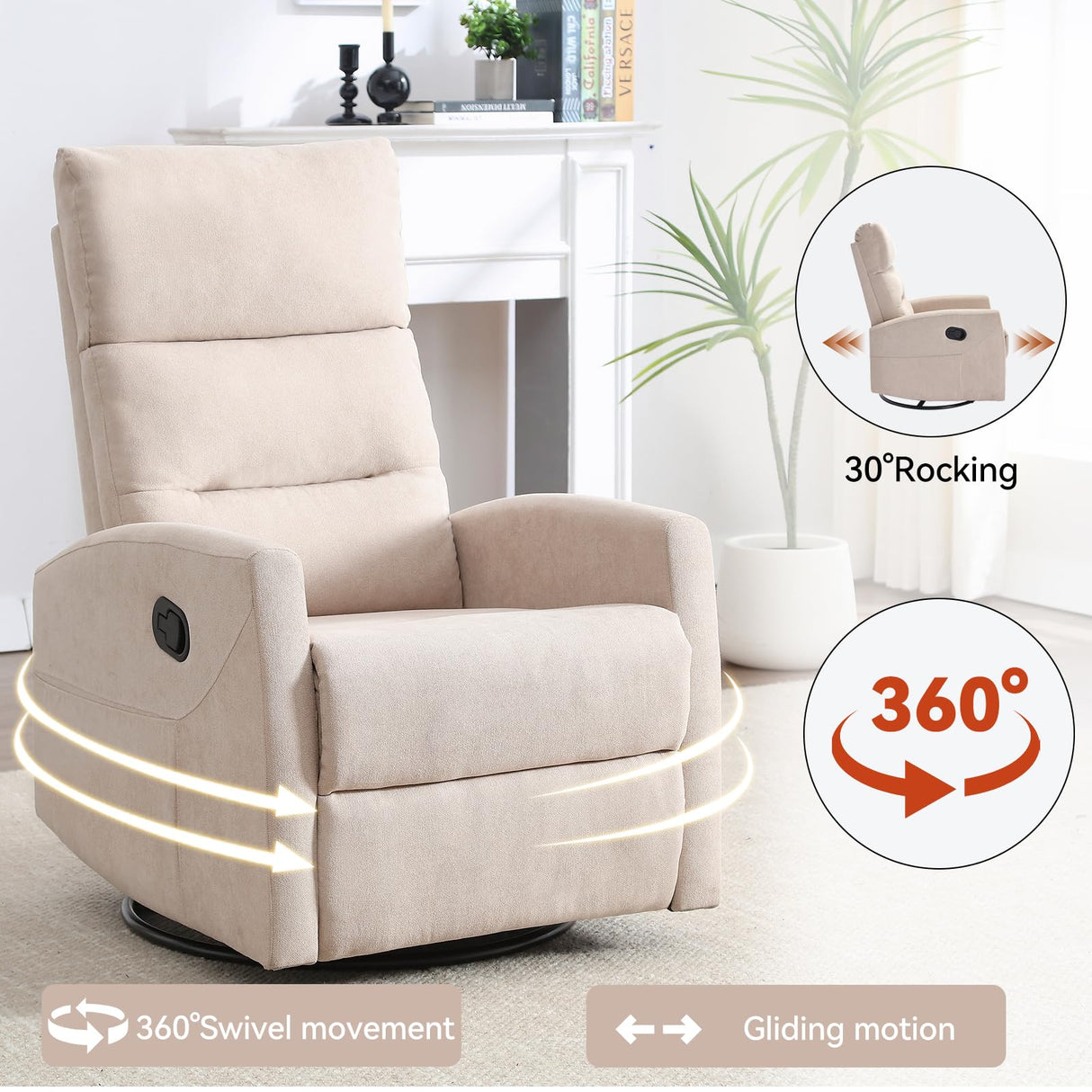 EZZUP 360° Swivel Recliner Chairs for Small Spaces, A Recliner with Side Pockets, Small Rocker Recliner for Living Room, Bedroom, Cream Recliner Chair for Adults EZZUP
