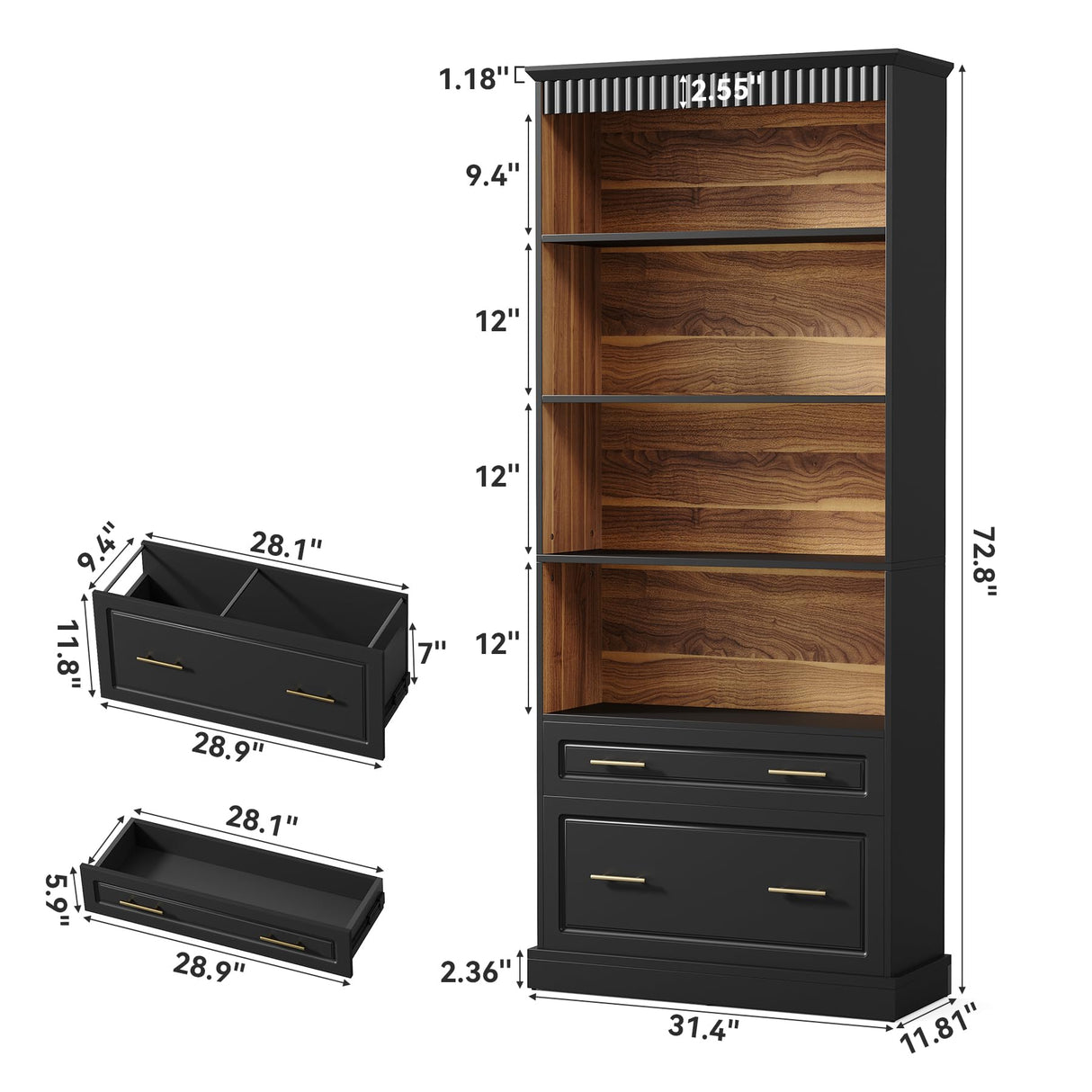 LITTLE TREE 72" Tall Black Bookcase, 5-Tier Office Bookself with File Cabinet Drawers,Modern Floor Standing Storage Filing Cabinet Book Shelf for Living Room,Bedroom LITTLE TREE