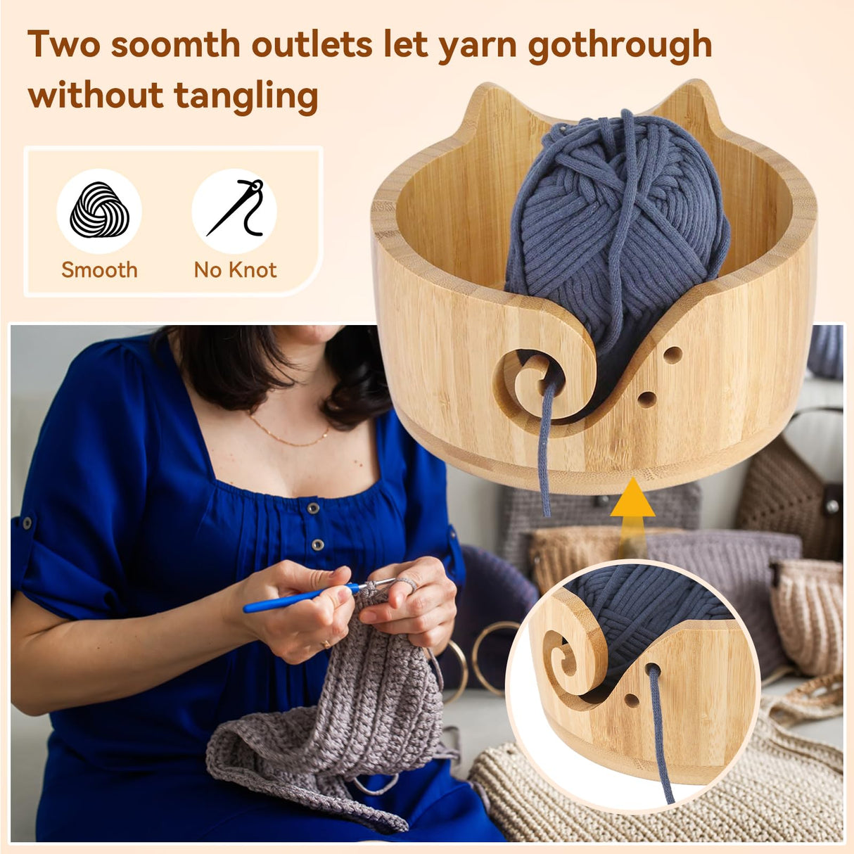 XIEJ Cat Yarn Bowl Set, 7 X 4inch Wooden Yarn Bowls for Crocheting, Knitting Bowl, Yarn Storage Bowls, Crochet Yarn Holder with Crochet Hooks Knitting Tools for Crocheters Knitters Craft XIEJ