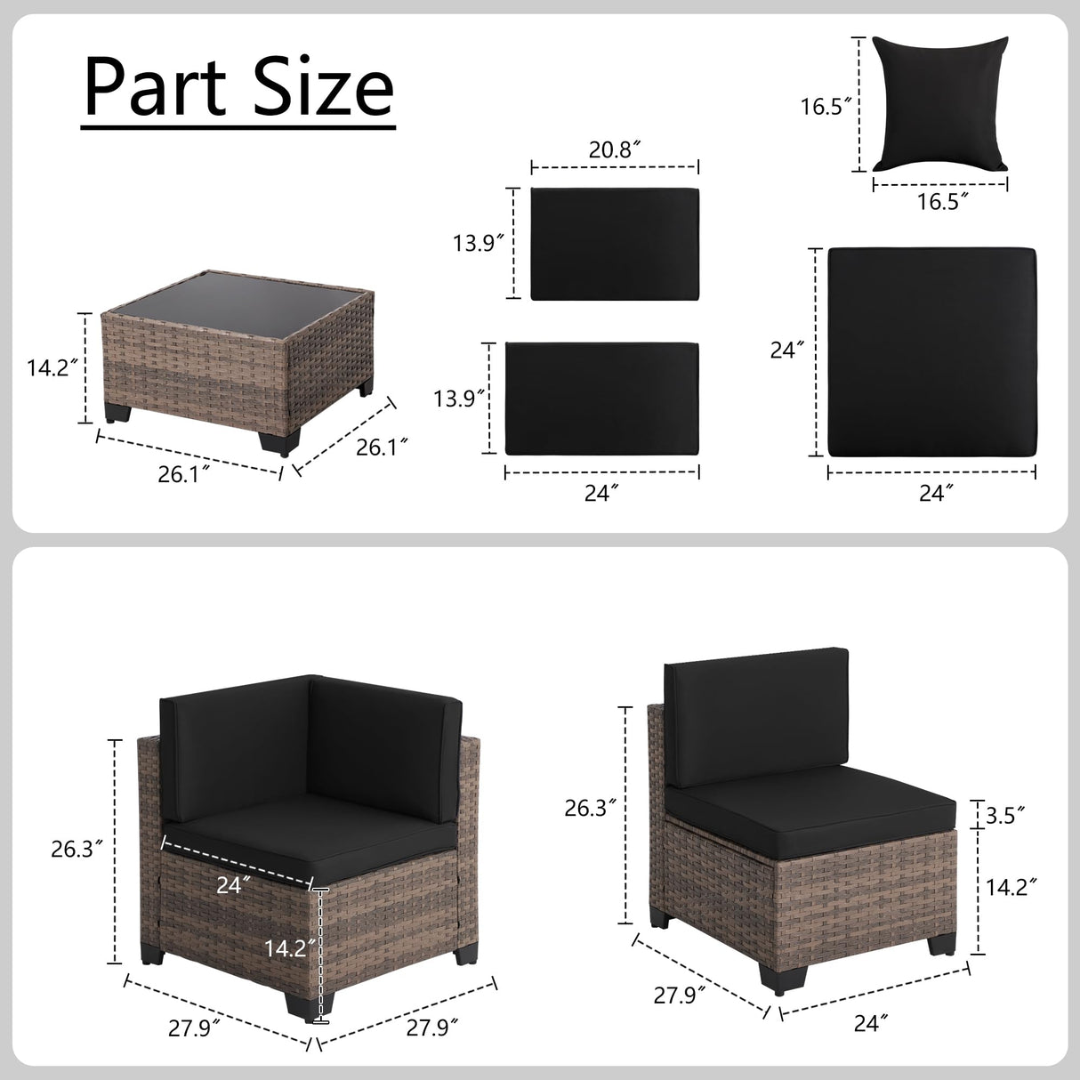 KIGOTY 7 Pieces Modular Outdoor Sectional Sofa, Wicker Patio Conversation Set, All-Weather PE Rattan Sectional Sofa with Cushions and Glass Coffee Table (Black Cushions, Brown Rattan) KIGOTY