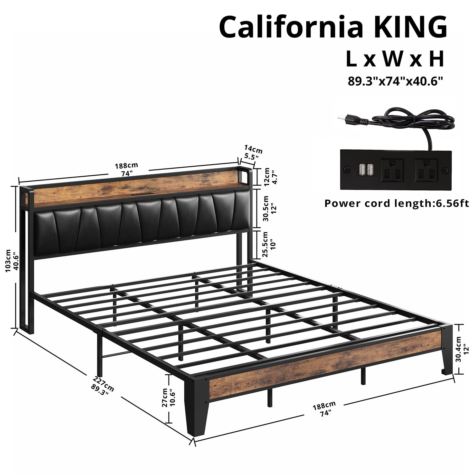 California King Bed Frame with Storage Headboard and Charging Station by LIKIMIO - Vintage Brown and Black - WoodArtSupply