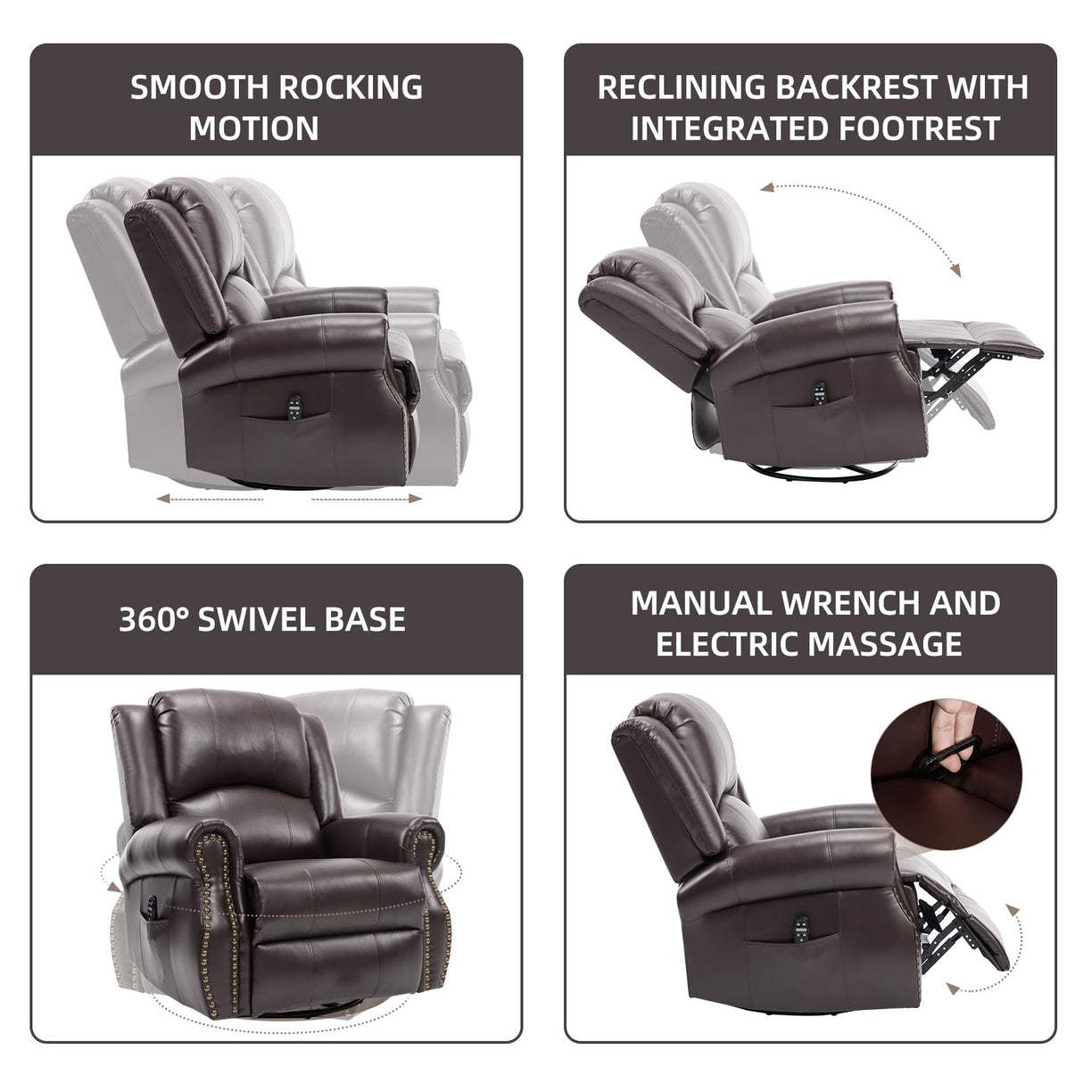 PELUMY Breathable Leather Manual Recliner Chair with Heat Massage, 360° Swivel Rocking Recliner, Oversized Multifunctional Living Room and Nursery Chair (Brown) PELUMY