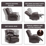PELUMY Breathable Leather Manual Recliner Chair with Heat Massage, 360° Swivel Rocking Recliner, Oversized Multifunctional Living Room and Nursery Chair (Brown) PELUMY
