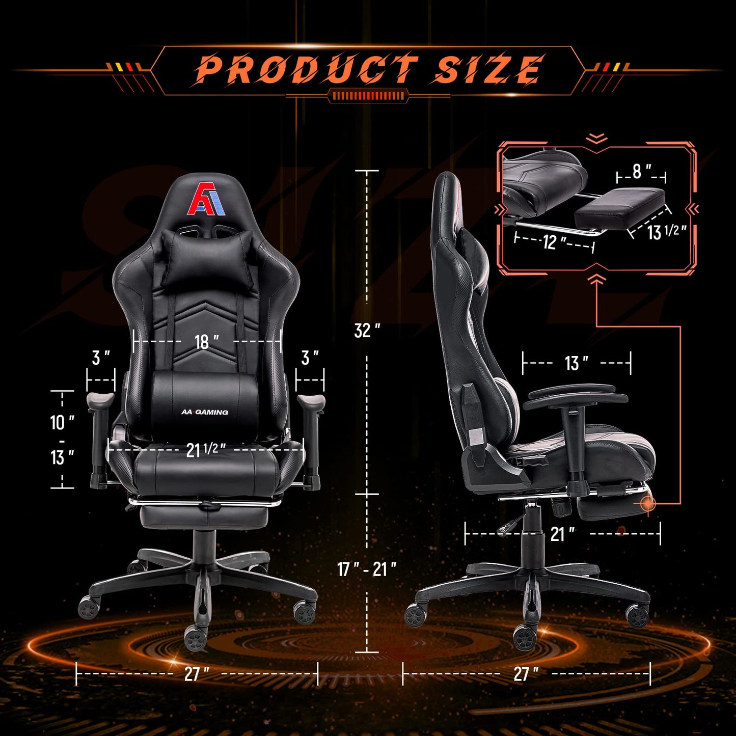 AA Products Gaming Chair Ergonomic High Back Computer Racing Chair Adjustable Office Chair with Footrest, Lumbar Support Swivel Chair - Black