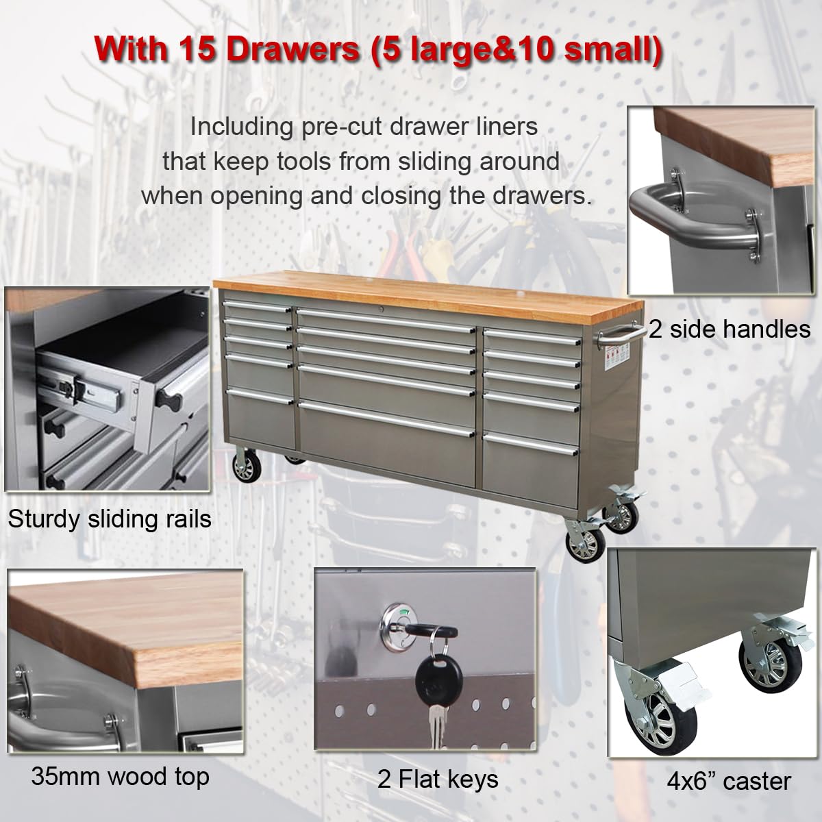 UYRIE 72-inch Stainless steel Rolling Tool Chest with 15 Drawers, Mobile Workbench, Assembled Large Tool Box Lockable Storage Cabinet with Wheels for Garage Workshop (72'' w/15 drawers) - WoodArtSupply