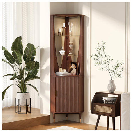 70" Tall Corner Cabinet, Mid Century Modern Cabinet with Doors, Fluted Corner Bar Cabinet with Glass Holder, Lights and Storage Shelves, Wine Bar Cabinet for Liquor, Living Room, Kitchen, Walnut JOINICE