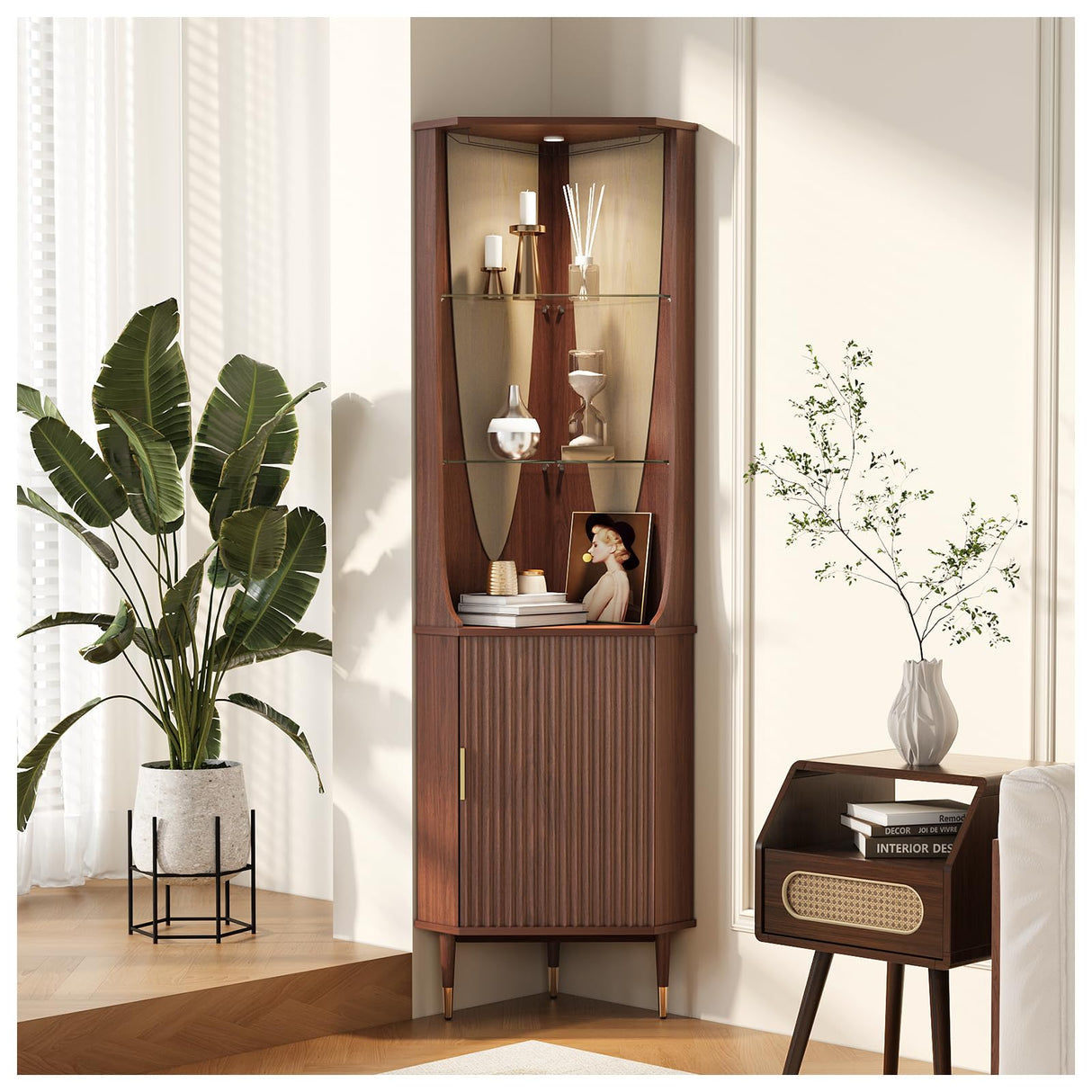 70" Tall Corner Bar Cabinet, Mid-Century Modern Fluted Storage Cabinet with Glass Shelves, Door & LED Lighting, Space-Saving Liquor Cabinet for Living Room, Kitchen, or Dining Room, Walnut JOINICE