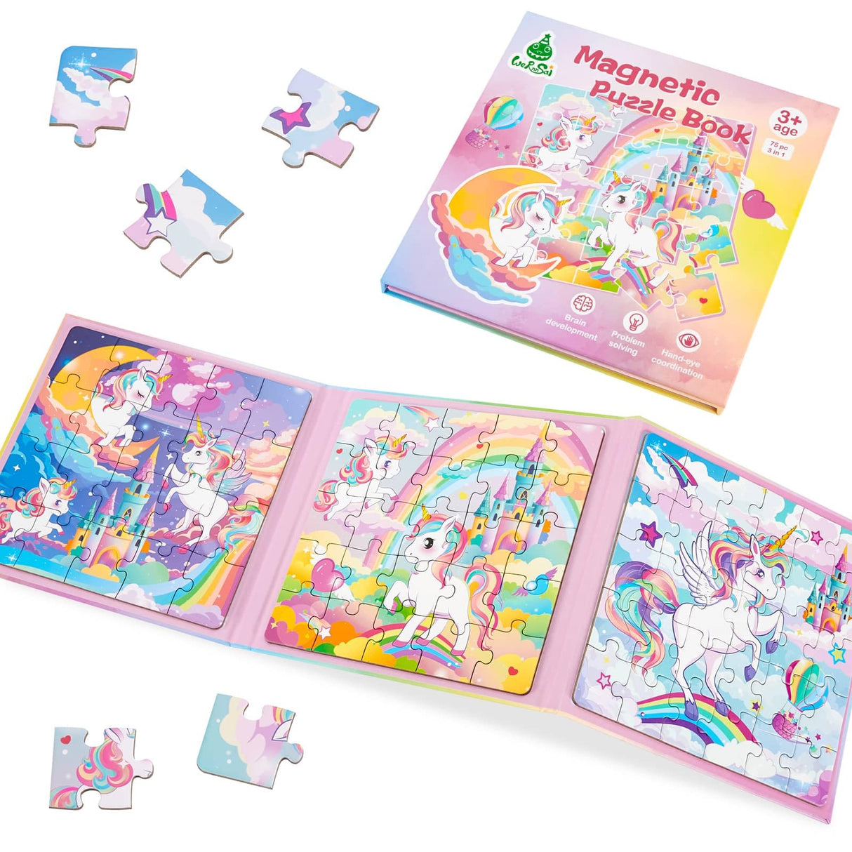 Unicorn Magnetic Puzzle for Kids 3-5, 75 pcs Magnetic Travel Puzzles Games for Toddlers Ages 3-8 Car Plane Road Trip Activities 3 in 1 Toys Gift for Girls WERNNSAI