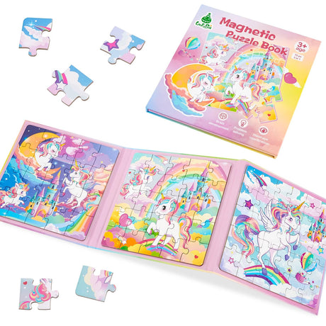 Unicorn Magnetic Puzzle for Kids 3-5, 75 pcs Magnetic Travel Puzzles Games for Toddlers Ages 3-8 Car Plane Road Trip Activities 3 in 1 Toys Gift for Girls WERNNSAI