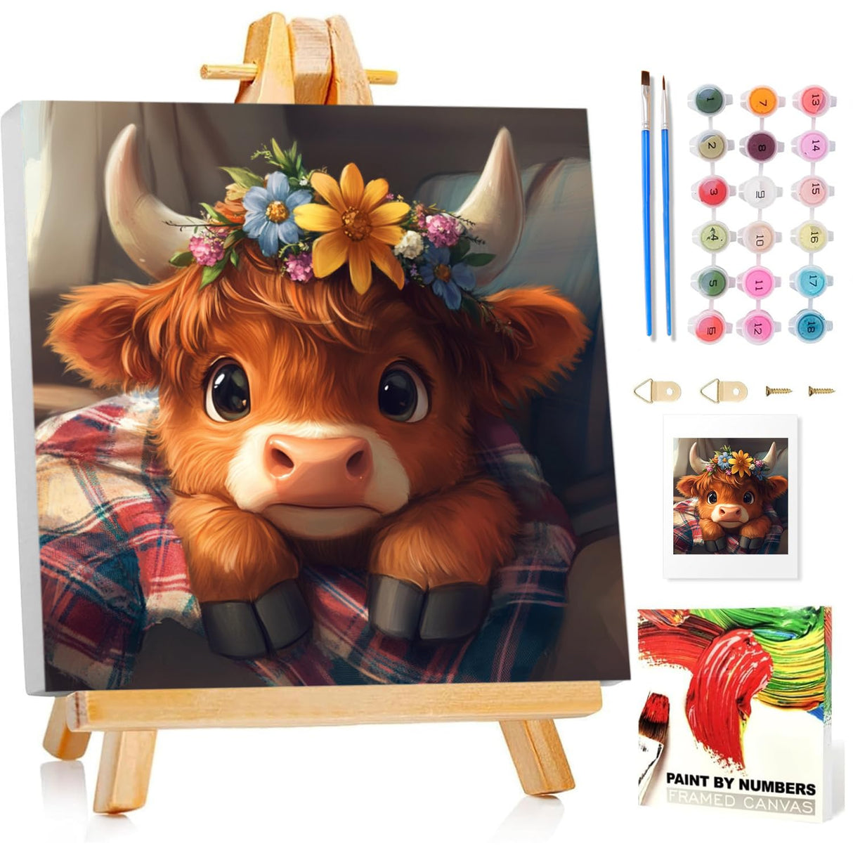 Paint by Numbers for Adult with Frame, Cow Paint by Numbers Kit for Adults Beginners, DIY Cow Acrylic Painting on Canvas for Home Wall Art Decor 9.8x9.8 Inch (with Frame Easel) Mandun