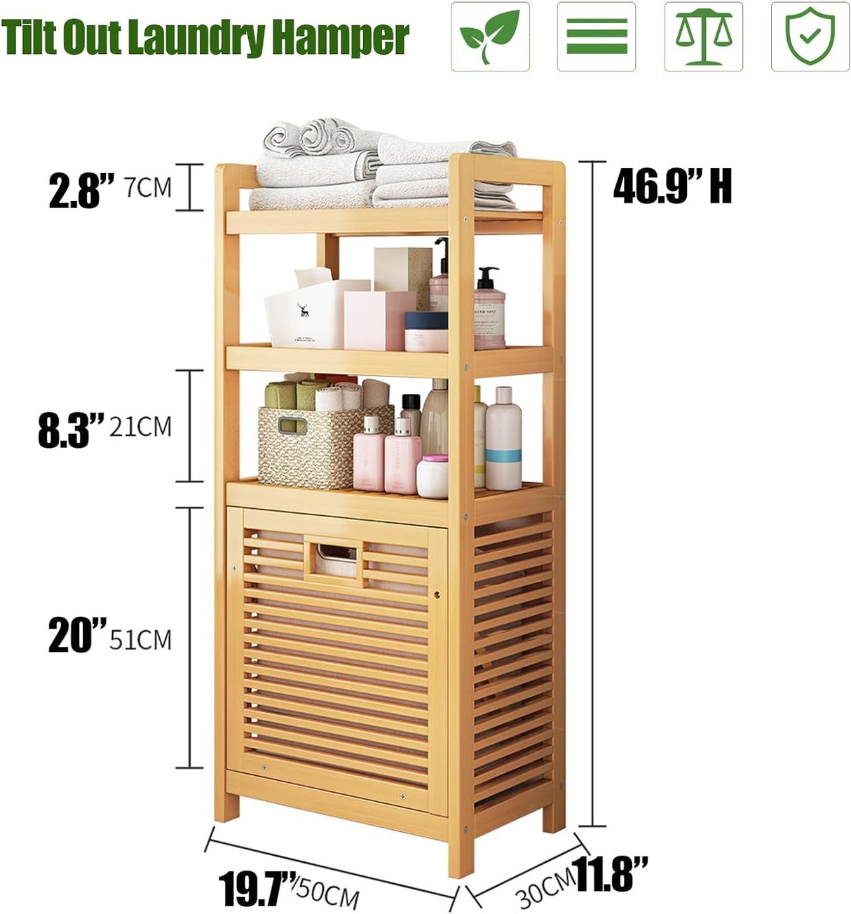 Bamboo Tilt-Out Laundry Hamper with Shelf & Removable Liner, 4 Tiers Freestanding Laundry Shelf Bathroom Storage Shelf Cabinet with Storage Basket for Bedroom Bathroom BuufuS