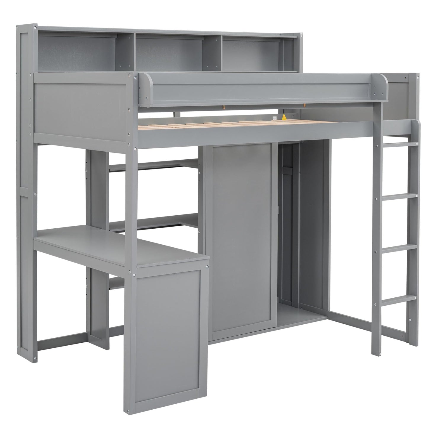 Merax Grey Twin Loft Bed with Under-Bed Desk, Wardrobe, and Storage Cabinets - WoodArtSupply