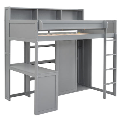 Merax Grey Twin Loft Bed with Under-Bed Desk, Wardrobe, and Storage Cabinets - WoodArtSupply