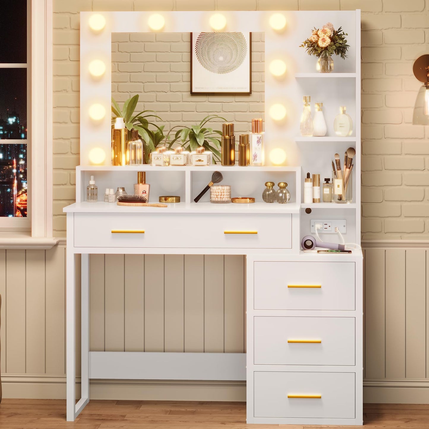 Tiptiper White Makeup Vanity with 10 Light Bulbs, Modern Vanity Desk with Mirror & 3 Lighting Modes, Vanity Table with 2 USB Ports and Outlets, Makeup Desk with Nightstand, Storage Shelves and Drawers