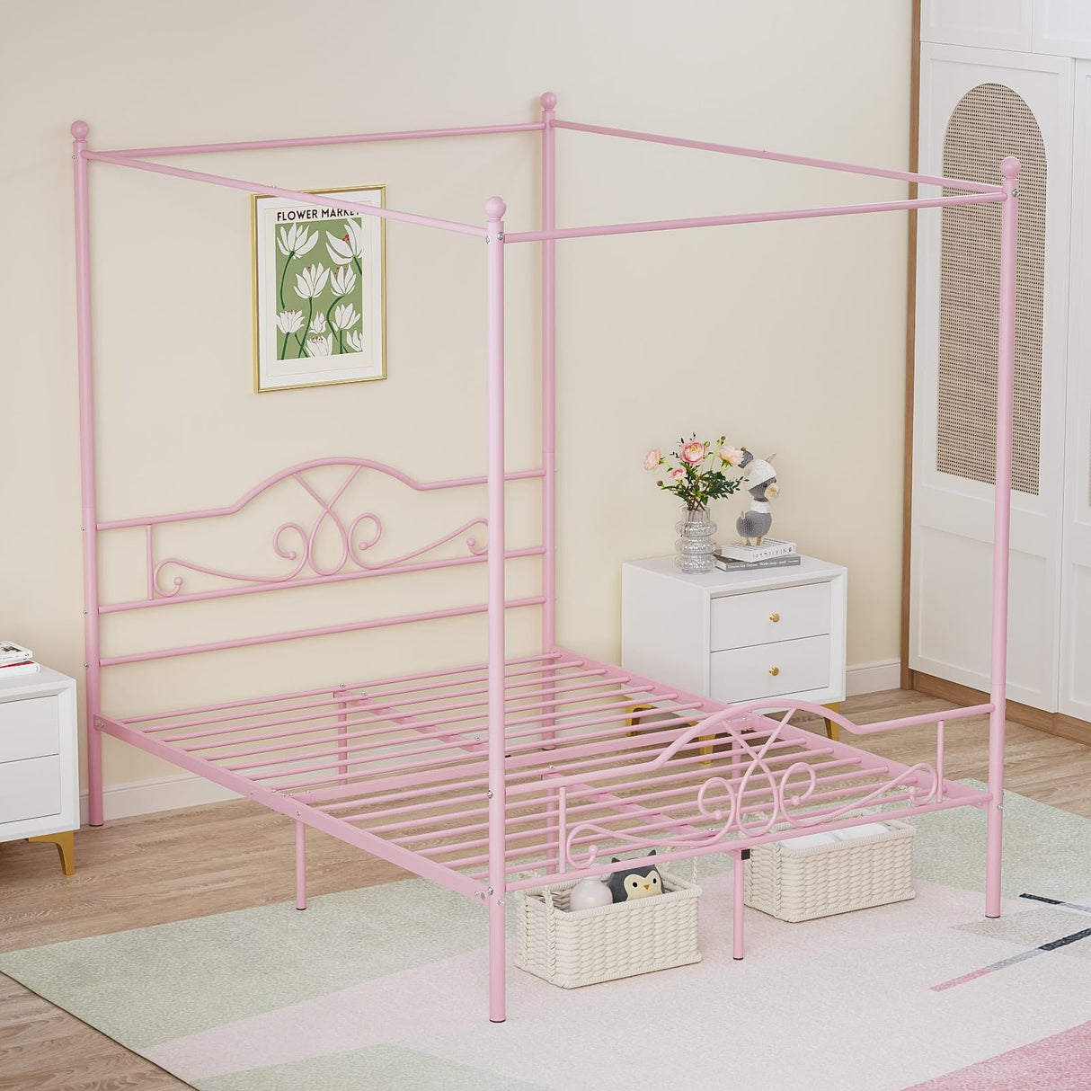 Weehom Full Canopy Bed Frame with Headboard and Footboard, Four-Poster Metal Canopied Platform Bed Mattress Foundation Underbed Storage Space No Box Spring Needed for Girls Adults Pink Weehom