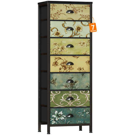 Furnulem Tall Dresser for Bedroom with 7 Fabric Drawers, Vintage Dressers & Chest of Drawers, Vertical Storage Tower Organizer Unit Retro Bedside Furniture in Closet,Living Room,Nusery,Dorm,Entryway Furnulem