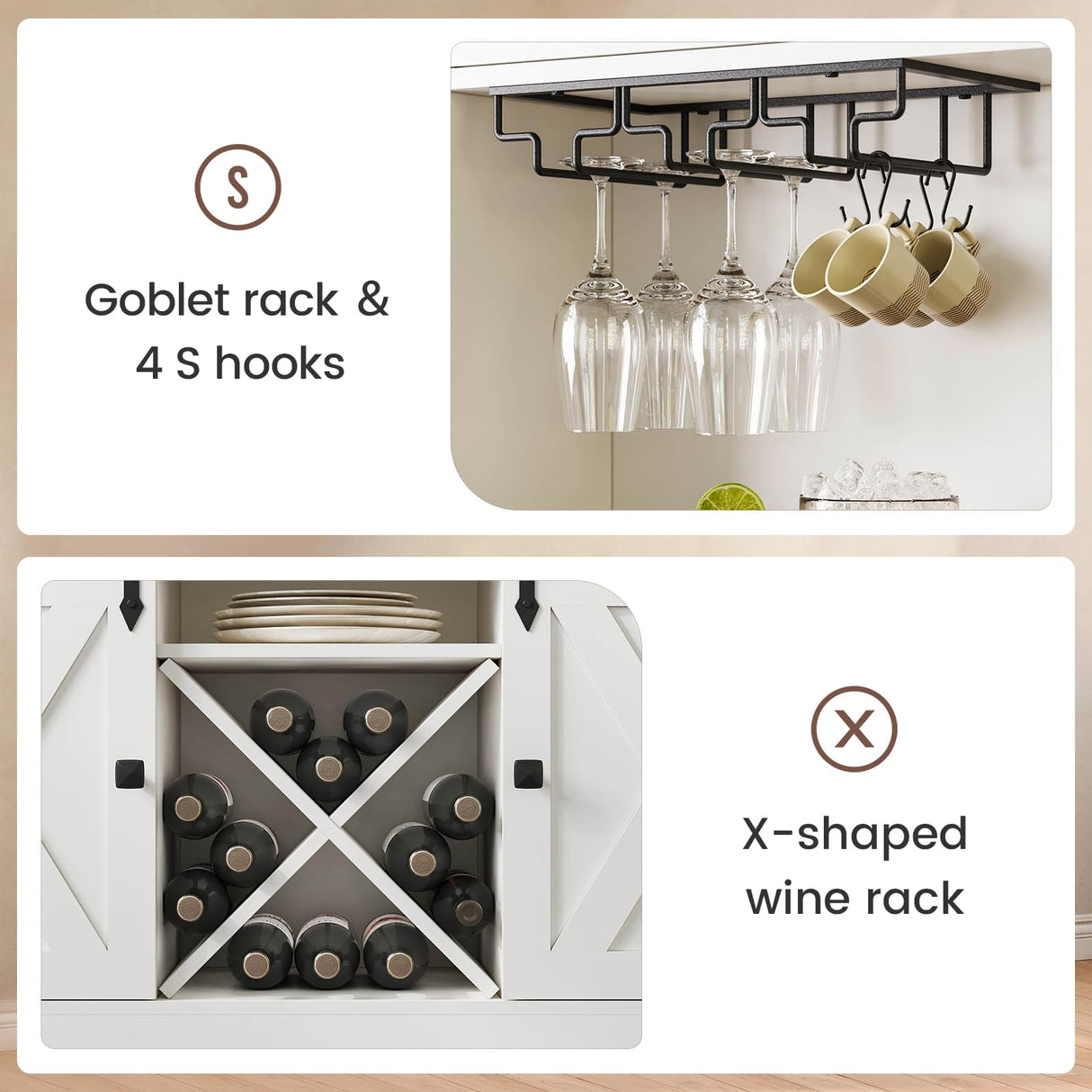 DICTAC Farmhouse Buffet Cabinet with Storage Coffee Bar Station Cabinet with Power Outlet and LED Light, Tall Bar Cabinets with Sliding Barn Door and Wine Glass Rack for Kitchen, Living Room,White DICTAC